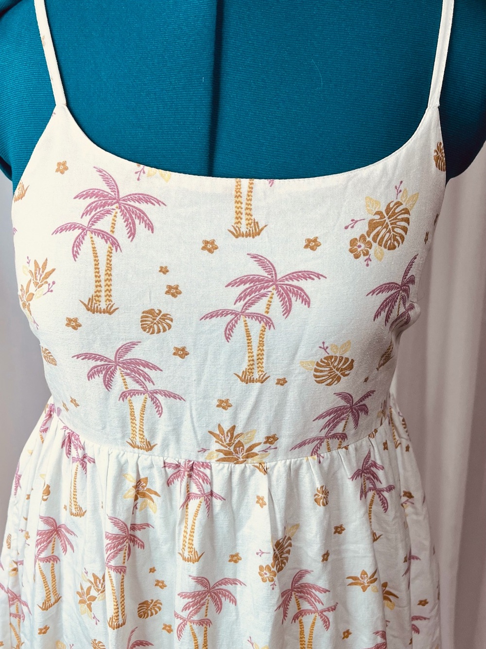 Japna White Palm-Print Spaghetti Strap Camisole Dress with Pink and Gold Motif